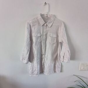Hannah White Shimmer Button Down Blouse XL Metallic Gauze Chic Top